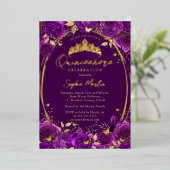 Paarse boeiende bloemenvlinder Quinceanera Folie Uitnodiging (Staand Voorkant)