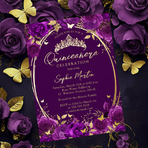 Paarse Boeiende Bloemvlinder Quinceanera Folie Uitnodiging