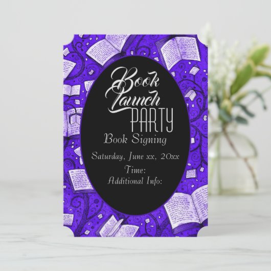 Paarse boek lanceringsfeest kaart (Staand voorkant)