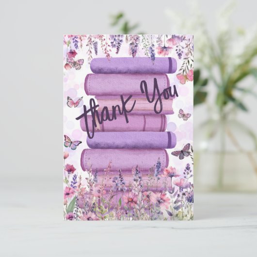 Paarse Boek Stack Wildflowers Vlinders Script Bedankkaart (Staand voorkant)