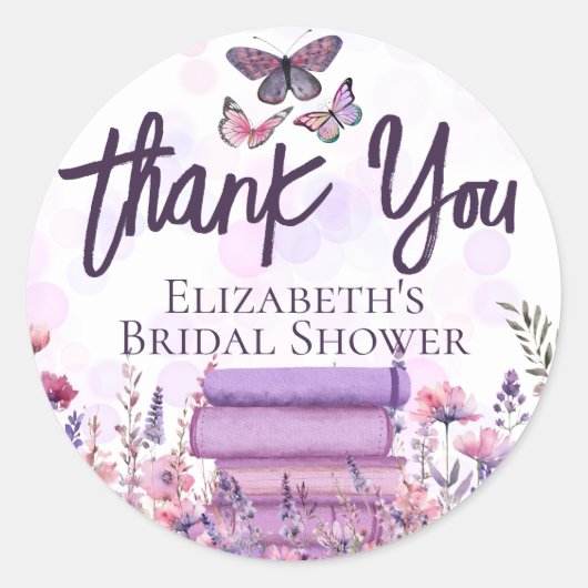 Paarse Boek Stack Wildflowers Vlinders Script Ronde Sticker (Voorkant)