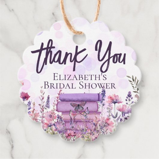 Paarse Boek Stapel Wilde Bloemen Vlinders Script Bedankjes Labels (Voorkant)