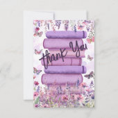 Paarse Boek Stapel Wilde Bloemen Vlinders Script Bedankkaart (Voorkant)