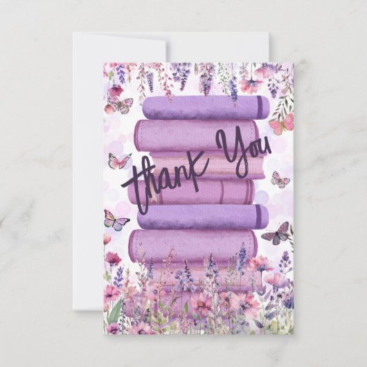 Paarse Boek Stapel Wilde Bloemen Vlinders Script Bedankkaart (Voorkant)