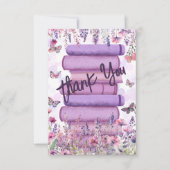 Paarse Boek Stapel Wilde Bloemen Vlinders Script Bedankkaart (Voorkant)