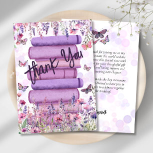 Paarse Boek Stapel Wilde Bloemen Vlinders Script Bedankkaart