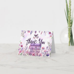 Paarse Boek Stapel Wilde Bloemen Vlinders Script Bedankkaart