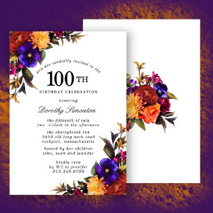 Paarse Bogundy Yellow Floral 100th Birthday Party Kaart