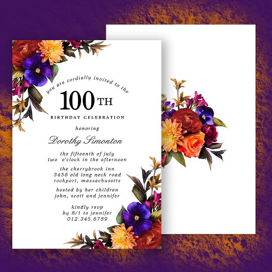 Paarse Bogundy Yellow Floral 100th Birthday Party Kaart