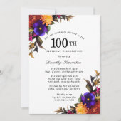 Paarse Bogundy Yellow Floral 100th Birthday Party Kaart (Voorkant)
