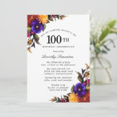 Paarse Bogundy Yellow Floral 100th Birthday Party Kaart (Staand voorkant)