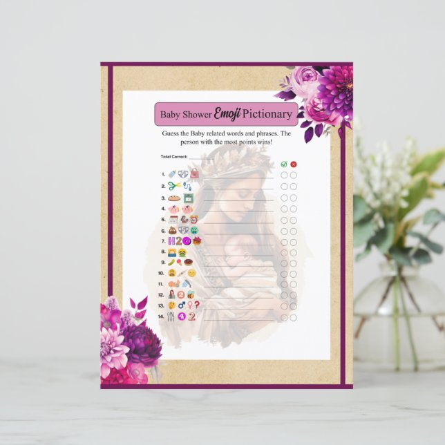 Paarse Boho Baby shower Emoji Pictionary (Staand voorkant)
