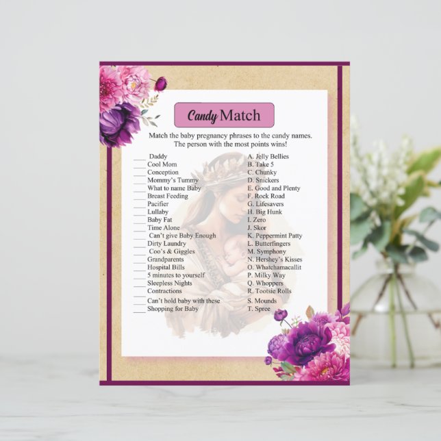 Paarse Boho Baby shower Snoep Match Game (Staand voorkant)