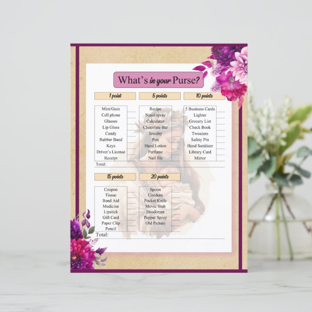 Paarse Boho Baby shower Wat in uw Purse Game (Staand voorkant)