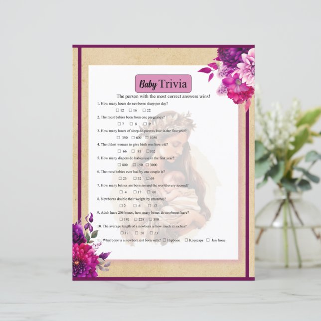 Paarse Boho Baby Trivia Spel (Staand voorkant)