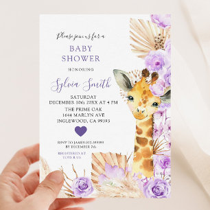 Paarse Boho Bloemen Giraffe Meisje Baby shower Kaart