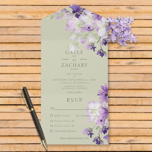 Paarse Boho Bloemen Salie Groen Diner All In One Uitnodiging
