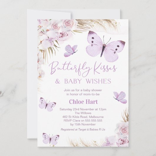 Paarse Boho Bloemen Vlinder Kisses Baby shower Kaart (Voorkant)
