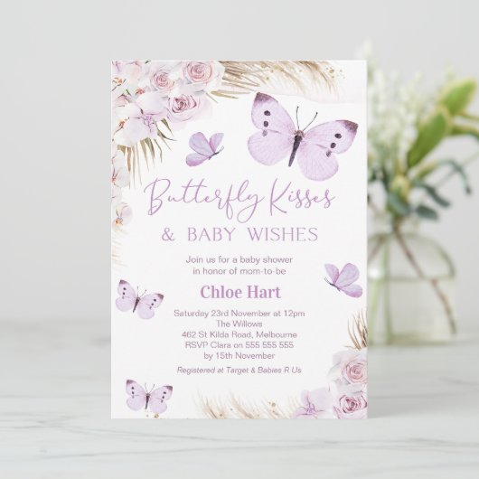 Paarse Boho Bloemen Vlinder Kisses Baby shower Kaart (Staand voorkant)