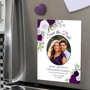 Paarse Boho Bloemige & Foto Trouw Save the Date Magnetische Uitnodiging
