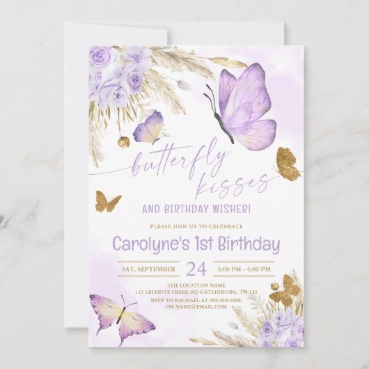 Paarse Boho Butterfly Kisses en Birthday Wishes Kaart (Voorkant)
