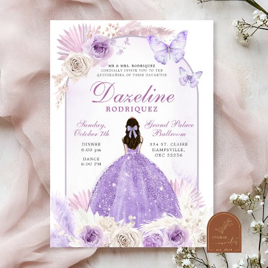 Paarse Boho Chic Quinceanera Kaart