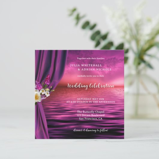 Paarse Boho Chic Vlinder Alles-in-één Bruiloft Kaart (Staand voorkant)