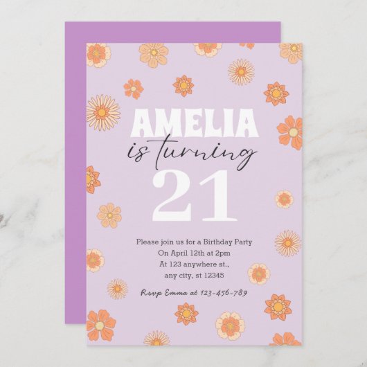 Paarse Boho Daisy Verjaardagsuitnodiging Alle leef Kaart (Voorkant / Achterkant)