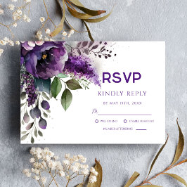 Paarse Boho Elegant Floral Waterverf Wedding RSVP Kaartje