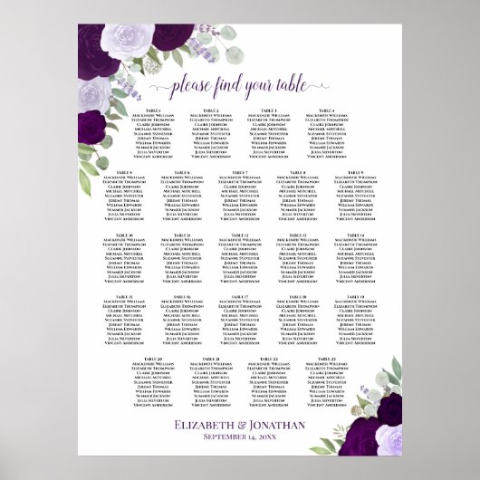 Paarse Boho Floral 23 Tafel Bruiloft Zitkaarten Poster (Voorkant)