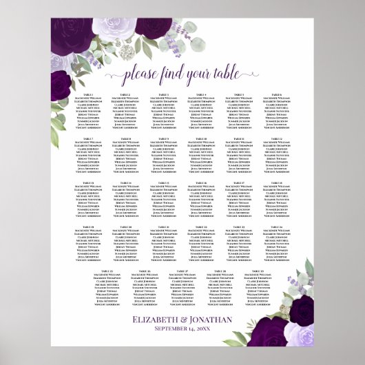 Paarse Boho Floral 29 Tafel Bruiloft Zitkaarten Poster (Voorkant)