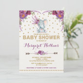 Paarse Boho Floral Elephant Baby shower Uitnodigen Kaart (Staand voorkant)