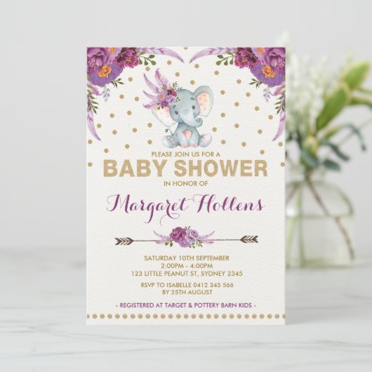 Paarse Boho Floral Elephant Baby shower Uitnodigen Kaart (Staand voorkant)