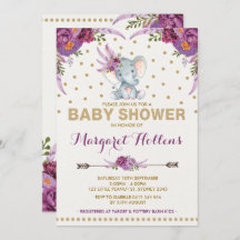 Paarse Boho Floral Elephant Baby shower Uitnodigen
