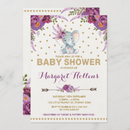 Paarse Boho Floral Elephant Baby shower Uitnodigen Kaart