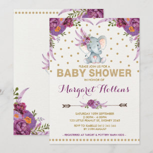 Paarse Boho Floral Elephant Baby shower Uitnodigen Kaart