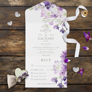 Paarse Boho Floral White Dinner All In One Uitnodiging