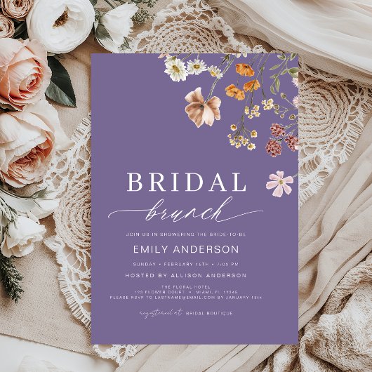 Paarse Boho Floral Wildflower Bruidsbrunch Kaart