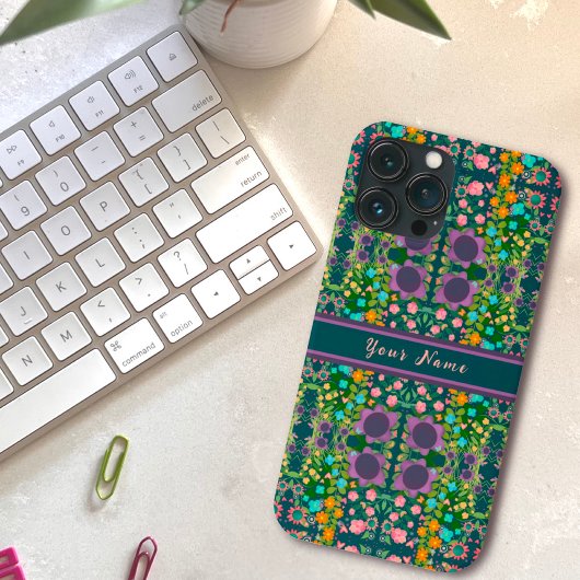  Paarse Boho Flowers Aangepaste Naam Patroon Case-Mate iPhone Case
