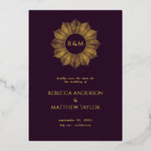 Paarse Boho Hemelse Zon Monogram Save Date Folie Uitnodiging (Voorkant)