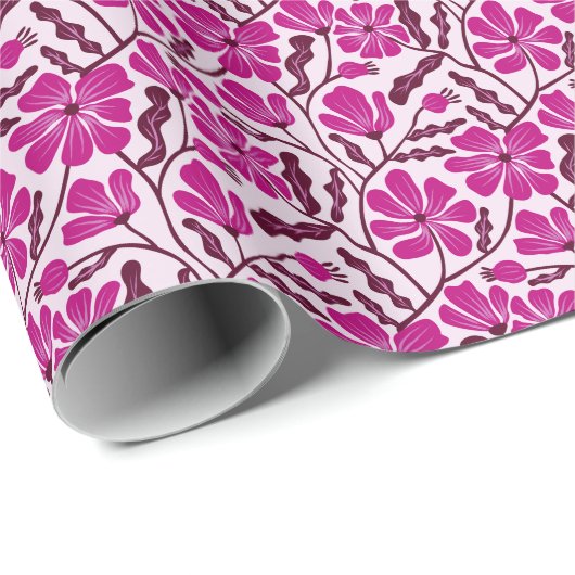 Paarse Boho Mid Century Modern Floral Pattern Cadeaupapier (Rol Hoek)
