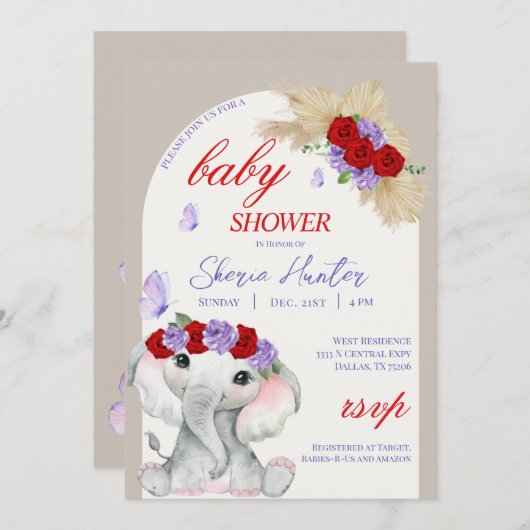 Paarse Boho Olifant en Vlinder Baby shower Kaart (Voorkant / Achterkant)