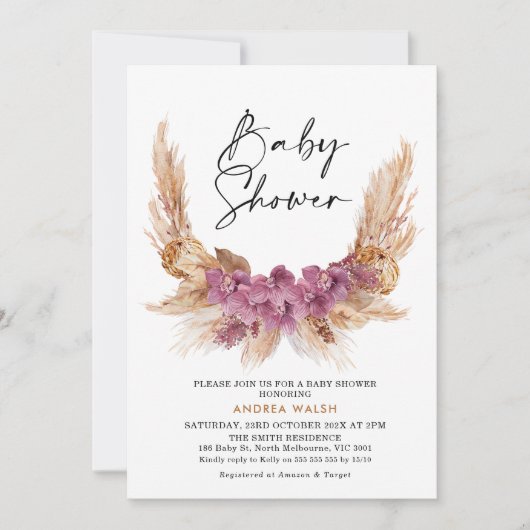 Paarse Boho Pampas Grass Baby shower Uitnodiging (Voorkant)