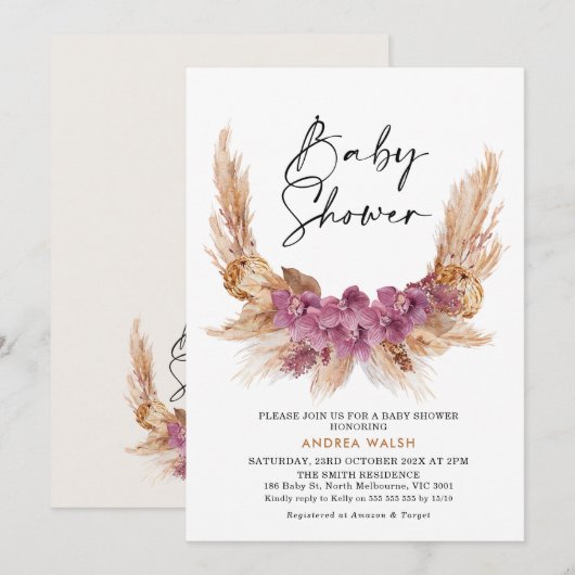 Paarse Boho Pampas Grass Baby shower Uitnodiging (Voorkant / Achterkant)