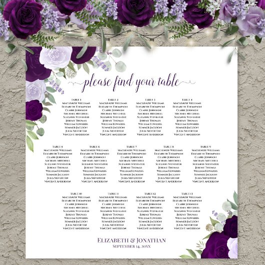 Paarse Boho Rozen 13 Tafel Trouwzaal Stoelenplatte Poster