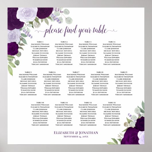 Paarse Boho Rozen 13 Tafel Trouwzaal Stoelenplatte Poster (Voorkant)
