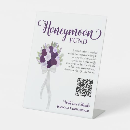 Paarse Boho Rozen Boeket Honeymoon Fund QR-code Reclamebord Met Voetstuk (Voorkant)