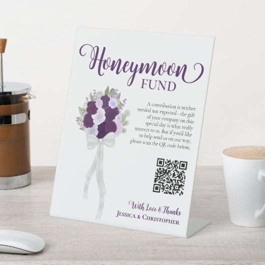 Paarse Boho Rozen Boeket Honeymoon Fund QR-code Reclamebord Met Voetstuk (Insitu)
