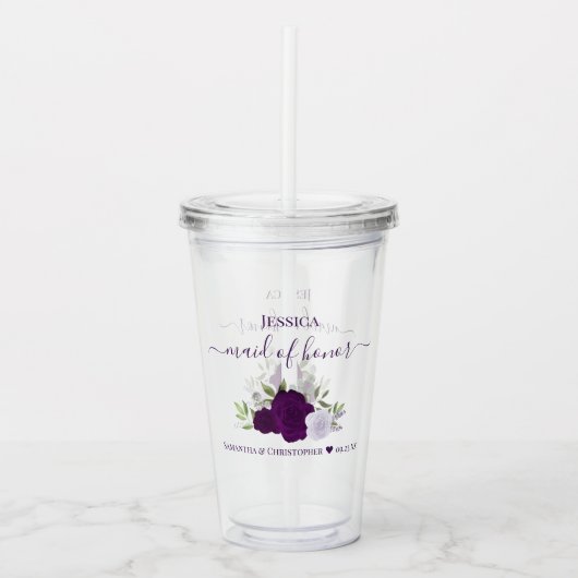 Paarse Boho Rozen Elegante Maid of Honor bruiloft Acryl Drinkbeker (Voorkant)