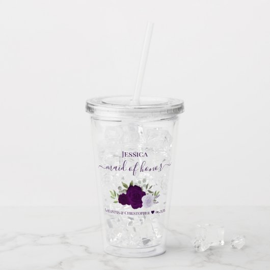 Paarse Boho Rozen Elegante Maid of Honor bruiloft Acryl Drinkbeker (Achterkant ijs)